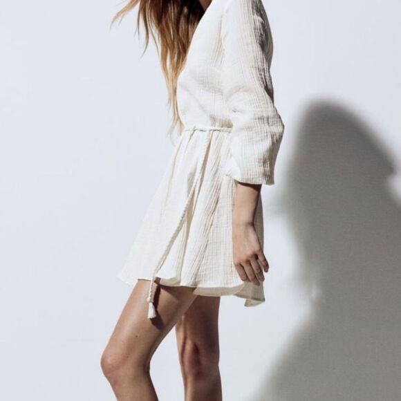 White Tie-Belt Balloon-Sleeved Dress, with belt, Size 36 S, H&M - Picture 1 of 4